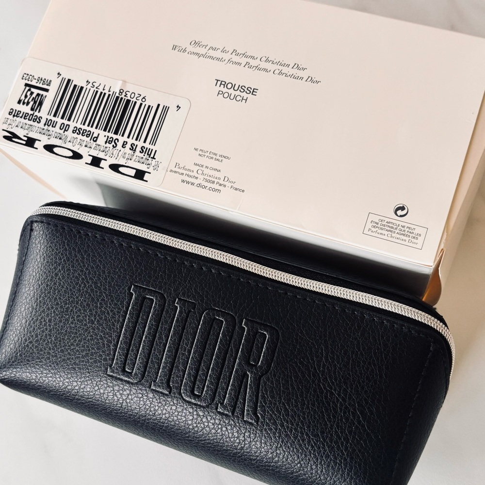 DIOR Black Faux Leather Cosmetic Pouch Makeup Bag Case Embossed Logo New